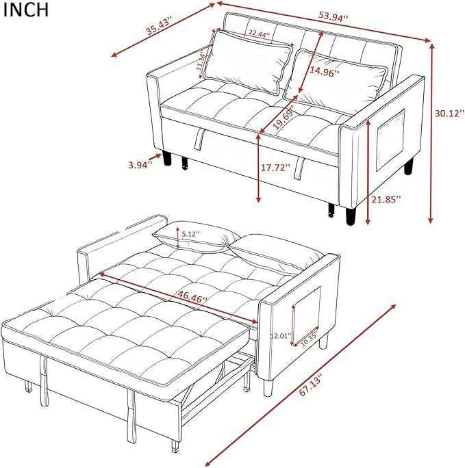 3 in 1 Convertible Sofa Bed Love Seat Sleeper Bed with Side Pockets Velvet Fabric Pull Out Couch with Adjustable Backrest for Living Room Bedroom Apartment Olive Green