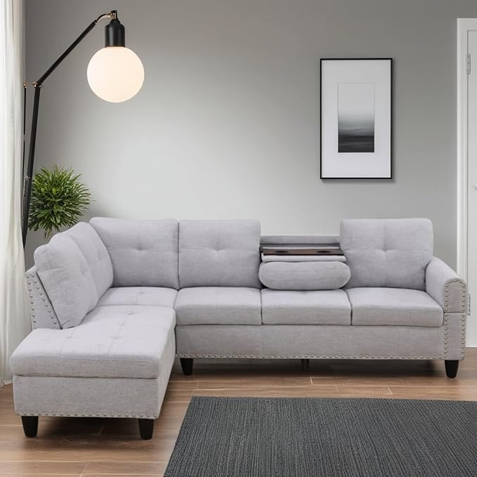 FONTOI L Shaped Sectional Couches for Living Room 4-Seat Modern Modular Sofa with Cup Holders &amp Nail-Head Trim Comfy Couch with Chaise for Office/Bedroom/Apartment Grey White