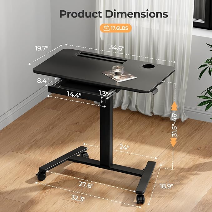 Mobile Standing Desk with Drawer 35 Small Standing Desk with Cup Holder Rolling Laptop Cart on Wheels Height Adjustable Table with Storage for Home Office Black