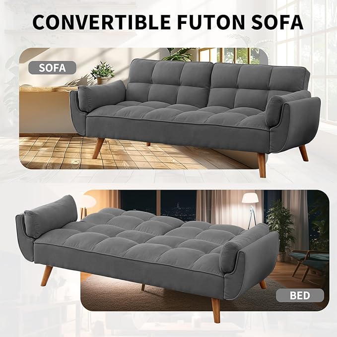 Convertible Futon Sofa Bed Linen Sleeper Couch 75 W Modern 3 Seater Tufted Sofa with Solid Wood Legs and Adjustable Backrests for Small Spaces Living Room Bedroom Dark Gray