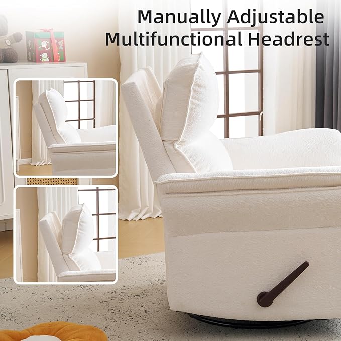 Oversized Recliner Chair 26 Extra Wide 360° Swivel Rocker Recliner with Adjustable Headrest Chenille Glider Rocking Nursery Chair with Overstuffed Armrest Lumbar Support White