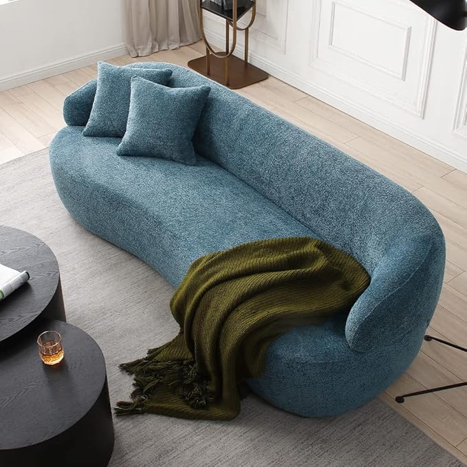 Curved Sofa Couch 86.6 3-Seater Modern Boucle Sectional Sofa Couch Comfy Cloud Upholstered 3 Seat Leisure Cushion Sofa with Pillows for Living Room Bedroom Office ApartmentNavy Blue
