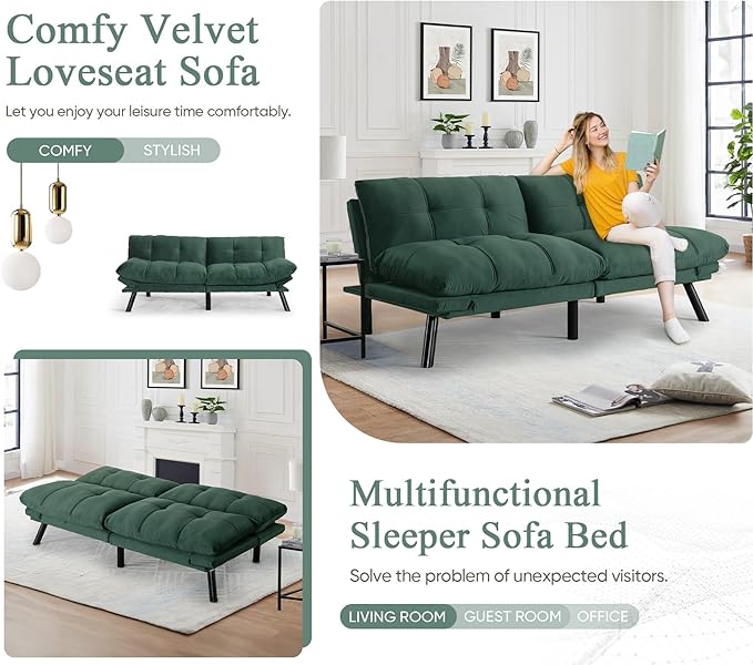 Convertible Velvet Futon Sofa Bed Comfy 72 L Sleeper Couch with Thicker Cushion Upholstered Modern Reclining Loveseat Folding Sofa for Small Living Room Dorm Apartment Office Emerald