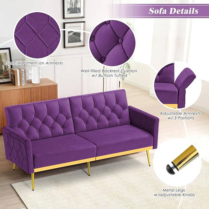 Velvet Sofa Bed w/Adjustable Armrests and Backrests Modern Convertible Sleeper Sofa Tufted Futon Sofa for Bedroom Living Room Apartment Purple