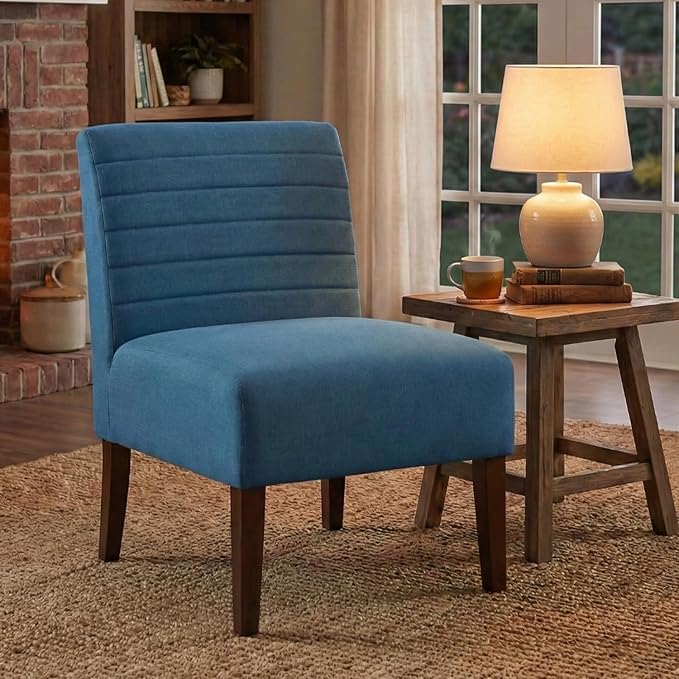 Armless Accent Chair Mid Century Modern Upholstered Living Room Chairs Accent Dining Chair Sofa with Solid Wood Legs Lounge Reading Chair for Bedroom Office (Blue)