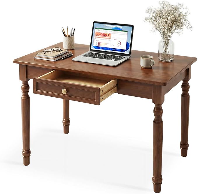 Farmhouse French Country Writing Desk with Drawers – Solid Wood Computer Desk for Home Office Bedroom &amp Study Workspace Compact Rustic Wood Table (Walnut Color 31 * 30 * 24in)