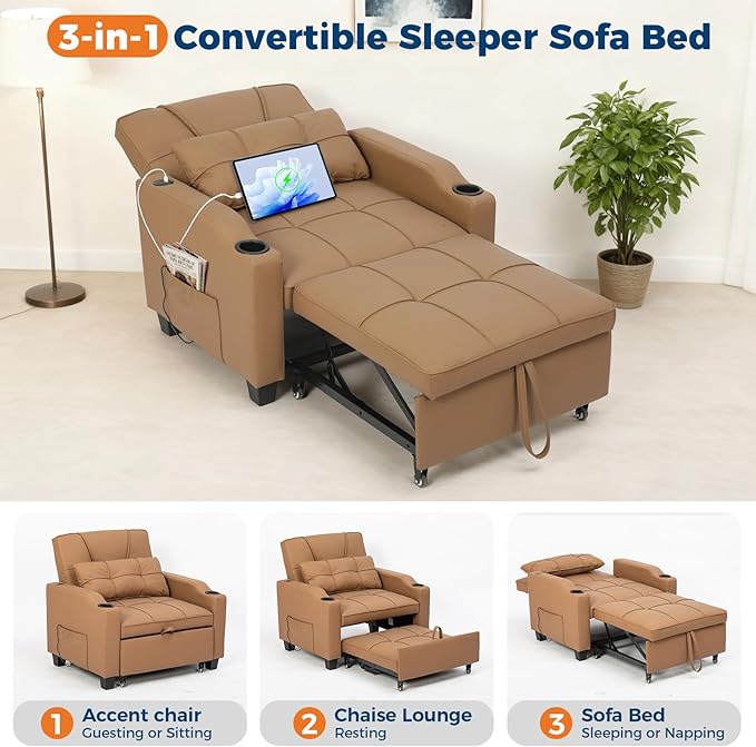 Sleeper Chair Pull Out Bed 4 in 1 Convertible Sofa Chair Bed with Vibration Massage Lumbar Pillow Single Sofa Recliner with USB/Type-C Port Cup Holders and Side Pocket for Small Spaces (Brown)