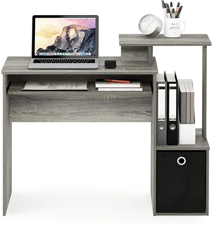 Furinno ECON Desk 40 Wide Gaming Desk with Keyboard Tray Computer Desk Office Desk with Side Shelves and Storage Bin for Home Office Grey Oak