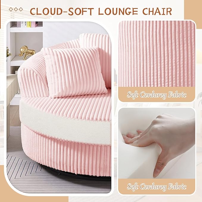 360 Degree Oversized Swivel Chair 50 Round Lounge Chair Modern Accent Circle Chair W/ 5 Pillows Upholstered Corduroy Sofa Chair for Living Room Bedroom Apartment Pink