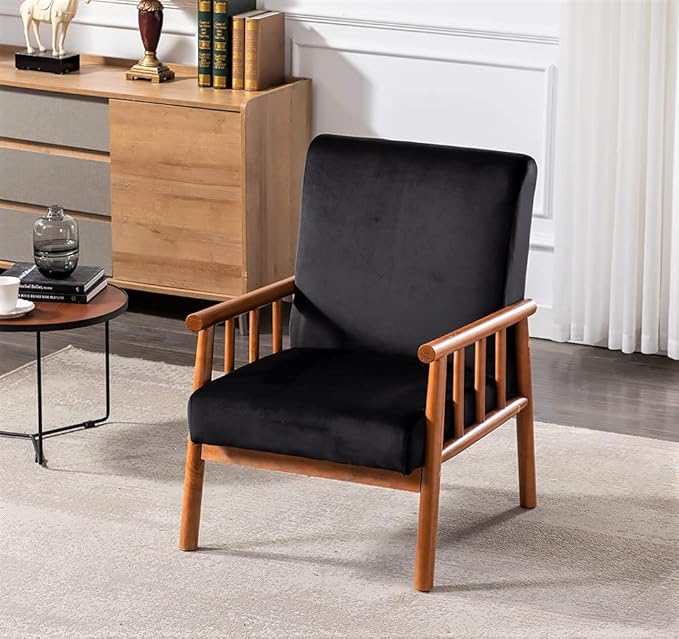 Container Furniture Classic Living Room Mid Century Modern Accent Chair with Unique Open-Framed Arm Design and Solid Wood Frame Velvet Armchair Black