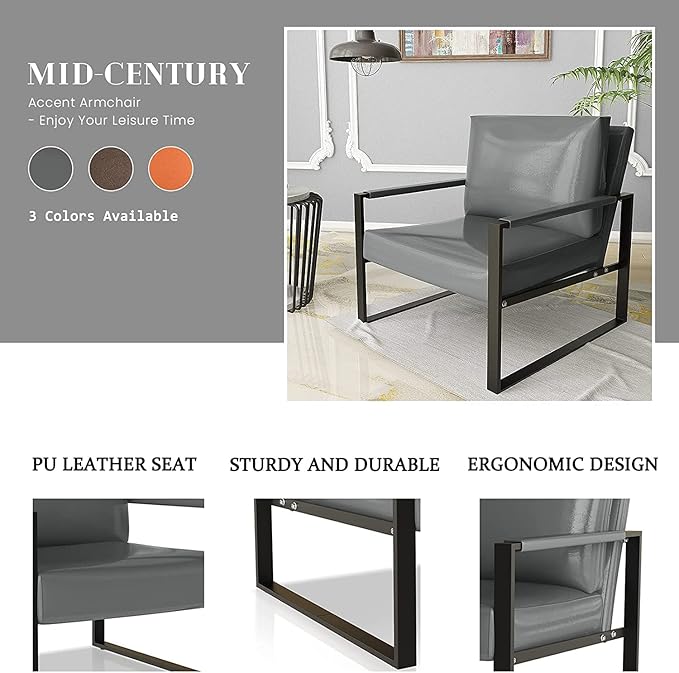 Recaceik Leather Accent Chairs Set of 2 Modern Armchair with Extra-Large Ergonomic Cushion Sturdy Metal Frame Anti-Scratch Foot Mats Single Sofa Chair for Living Room