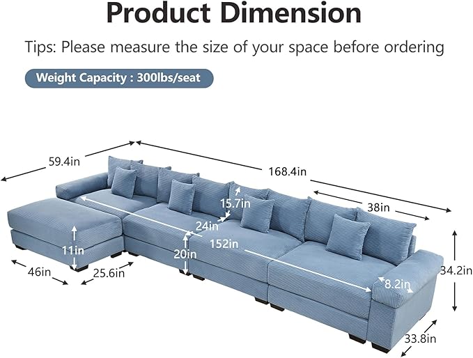 168.4 Oversized Modular Sectional Sofa Corduroy Large Sectional Couches for Living Room 4 Seater Couches with 1 Movable Ottoman Modern Deep Seat Sofa Set L Shaped Blue