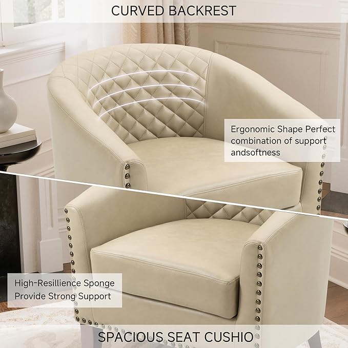 Faux Leather Accent Chairs Set of 2 Upholstered Barrel Club Chair for Living Room Comfy Round Armchair with Nailed Trim for Bedroom Office-Beige