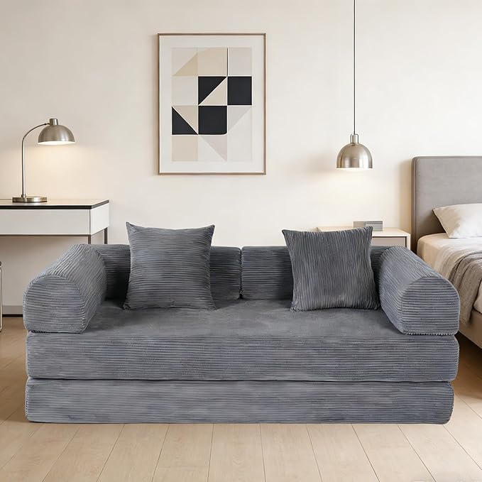 Foldable Sofa Bed 75 Inch Boneless Couch Convertible Memory Foam Sleeper Sofabed Floor Mattress with 2 Pillows Microfiber Cloud Sofa for Living Room Apartment No Assembly (Grey)