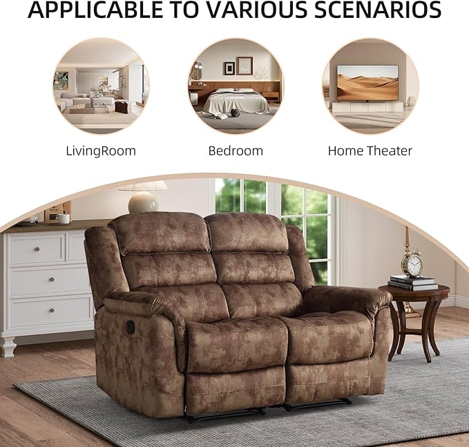 EBELLO 2 Pieces Reclining Couch Furniture Set Soft Fabric Manual Recliner Sofa Home Theater Seating Manual Recliner and Wide 3PC Bonded Sofa Set for Living Room Brown