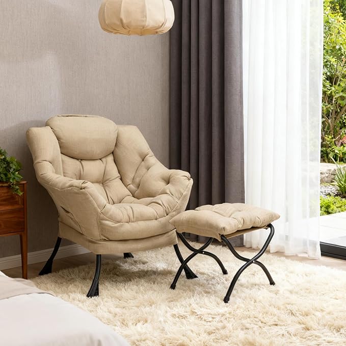 HollyHOME Lazy Chair with Foldable Ottoman Accent Comfy Lounge Armchair and Folding Footrest Stool Leisure Sofa Reading Chair and Footstool for Living Room Bedroom DormCotton-Linen Tan