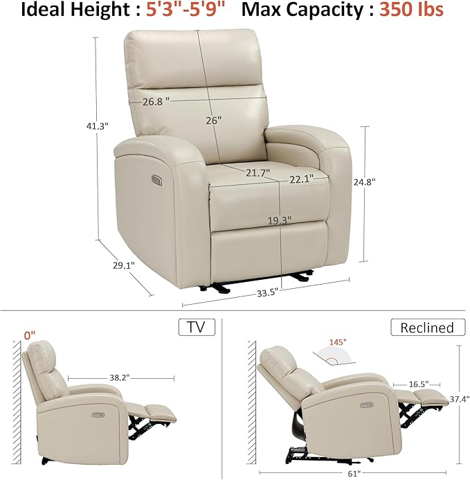 MCombo Zero Wall Recliner Chair Power Wall Hugger Recliner with USB &amp Type-C Dual Charge Ports for Small Space Living Room RV PR644 (Beige)