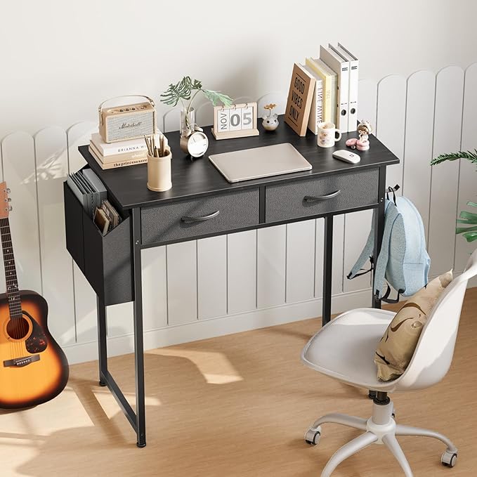 Sweetcrispy Small Desk with Fabric Drawers for Bedroom Home Office 32 Inch Computer Gaming Desk Writing Study PC Table with Side Bag Headphone Hook Metal Frame Adjustable FeetPure Black