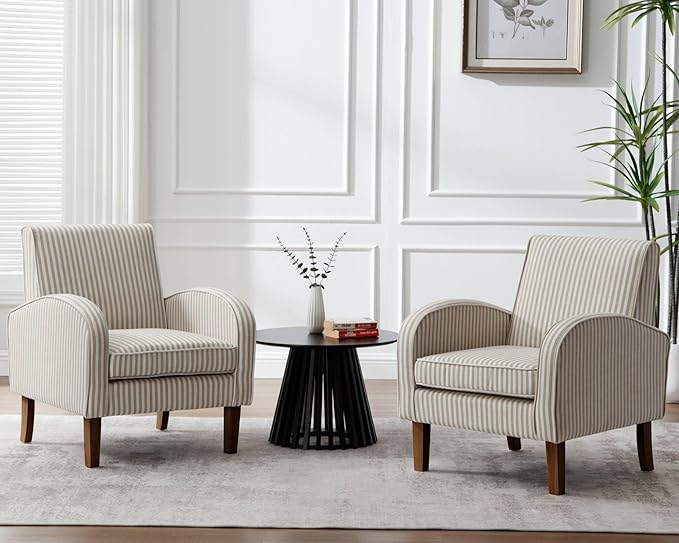 VESCASA Upholstered Accent Chair with Wood Legs Linen Comfy Single Sofa with Curve Arms Modern Side Club Leisure Chair for Reading/Living Room/Bedroom Khaki Stripe