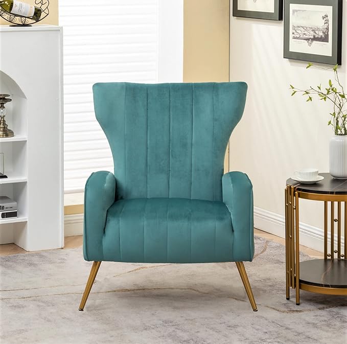 Modern Velvet Accent Chair Channel Tufted Bedroom Office or Living Room Furniture with Elegant Metal Legs 26 Wide Armchair Teal