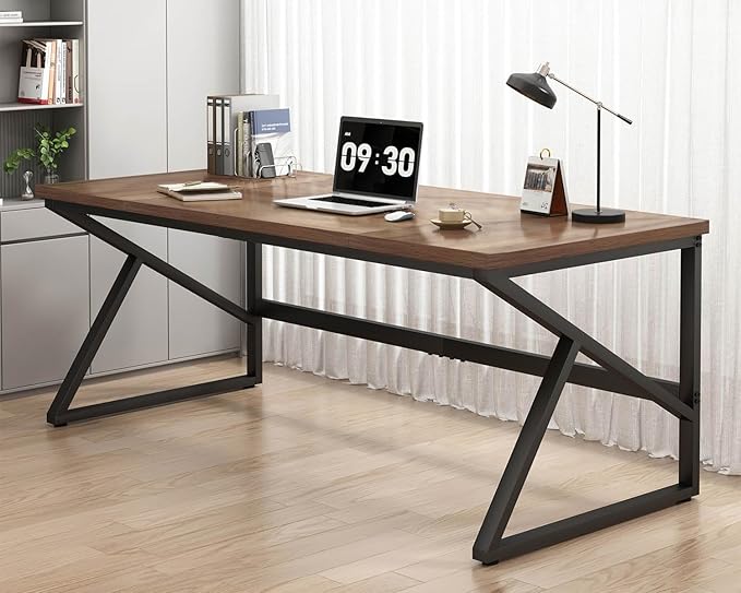 HSH Large Home Office Desk Modern Wood Metal Computer Desk for Two Person Extra Long Executive Writing Study Gaming Double Desk Workstation 70 Inch Rustic Bedroom Living Room Table for 2 Monitors