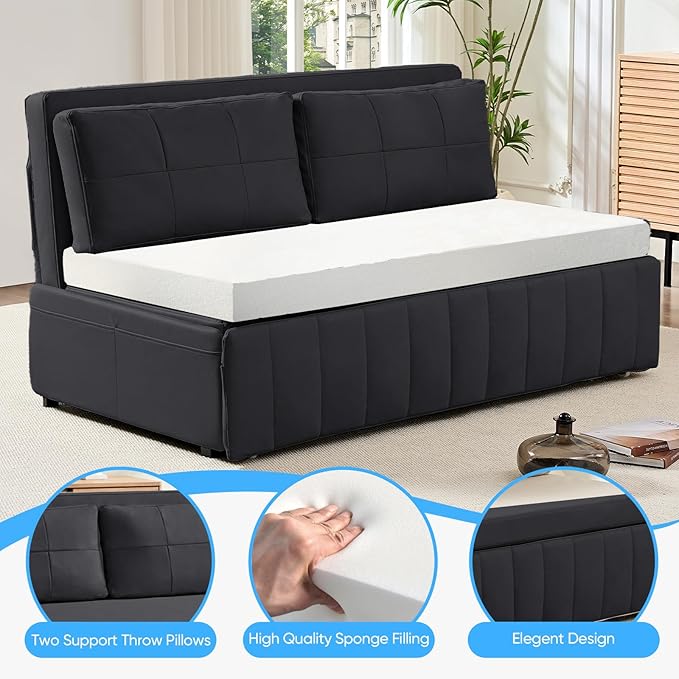 Mjkone 64 Width Queen Size Pull Out Sleeper Sofa Bed Couch 3-in-1 Faux Leather Loveseat Sofa Sleeper Armless Pullout Sofa Couch Bed with Side Pockets for Living Room Apartment Dark Grey