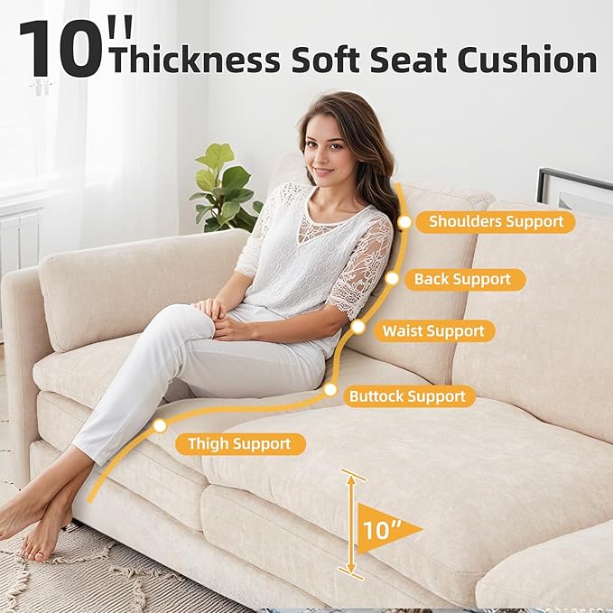 Esright 89'' Cloud Couches for Living Room 3 Seats Sectional Sofa Couch Chenille Modular Couch Sofa with Removable Pillows Oversized Modern Cozy for Studio Apartment Cream White