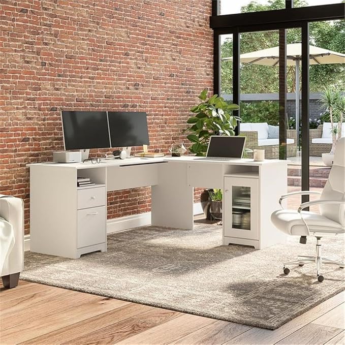 Pemberly Row 72W L Shaped Computer Desk Engineered Wood White Finish Built-in Wire Management Storage Cabinet with Fluted Glass Door File &amp Box Drawers Home Office Desk