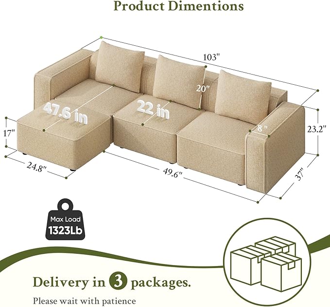 103 Sectional Couch Locked-in Modular Sectional Sofa Wood Frame Couches for Living Room 22 Deep Seat L Shaped Couch with Ottoman Chenille Cloud Sofa Tool-Free Setup Sofas for Living Room