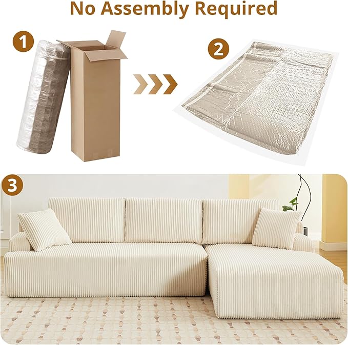 Sectional Cloud Boneless Couch 106 Modern Comfy L-Shape Corner No Assembly Required Convertible Compression Sleeper Modular Sofa with Corduroy Fabric Deep Seat Loveseat + Chaise for Living Room