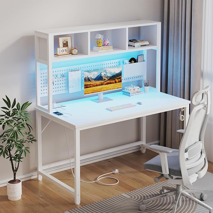 White Gaming Desk with Hutch and Pegboard - Computer Desk with Hutch Power Outlet 47 Inch Art Desk with Storage Hooks RGB and Side Bag Writing Modern Study Teen Desks for Girl Bedroom Home Office