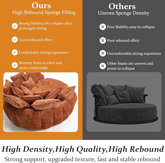 81.1W Oversized Round Chaise Lounge Chair Indoor Sofa Bed Extra Wide Round Couch for 2 People Oversized Chair with 14 Pillows Comfy Cloud Reading Couch Fluffy Sleeper Sofa for Living Room (Orange)