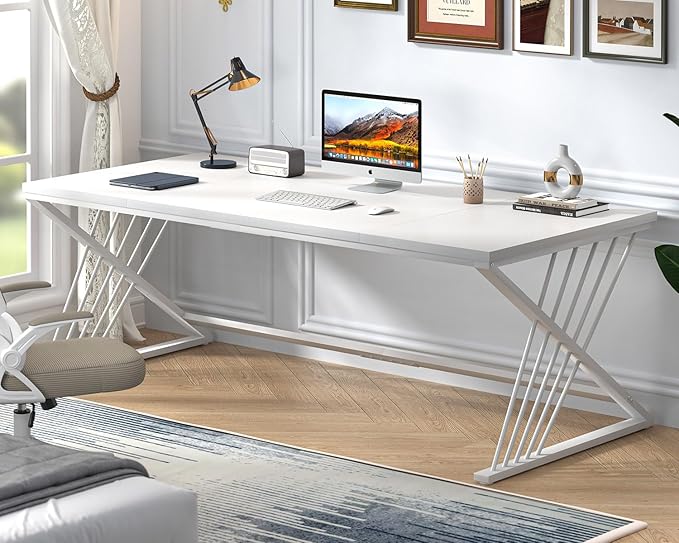 FOLUBAN 70.9 Modern Computer Desk with Z-Shaped Legs Industrial Executive Home Office Desk for 2 Person Large Writing Study Table for Bedroom Gaming Workstation White