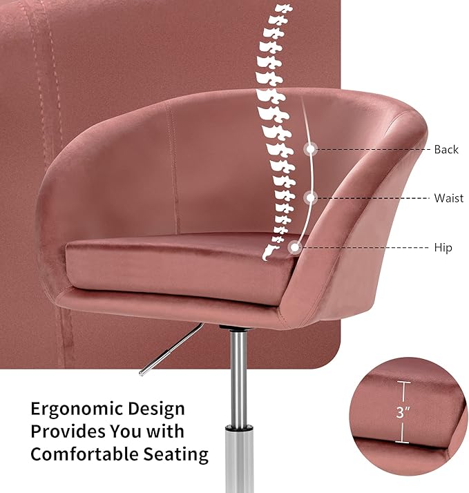 COSTWAY Vanity Chair Height Adjustable Modern Velvet Makeup Chair with Chrome Frame Round-Back Comfortable Swivel Accent Leisure Chair for Living Room Bedroom (Pink)