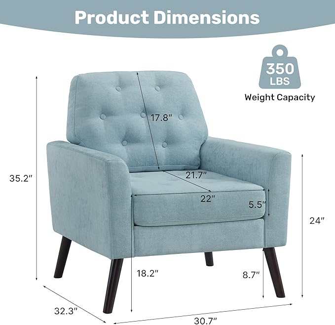 Accent Chair for Living Room Mid Century Modern Reading Chair Upholstered Armchair with Tufted Back &amp Wood Legs Single Sofa Side Chair for Bedroom Small Room Office Apartment Teal Green