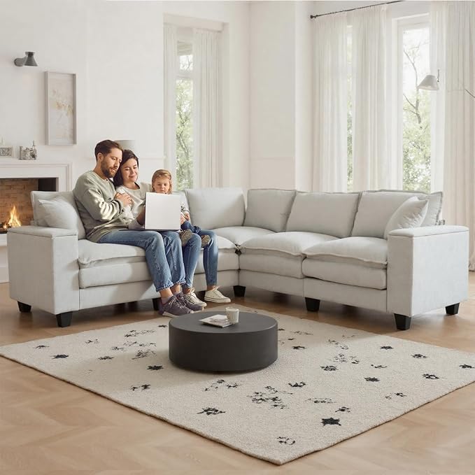 97 5 Seater L Shaped Couch Corner Sofa Oversized Cloud Couch with 2 Pillows Chenille Modular Sectional Sofa Armrests with Two Hidden Storage Space Sectional Couches for Living Room Beige