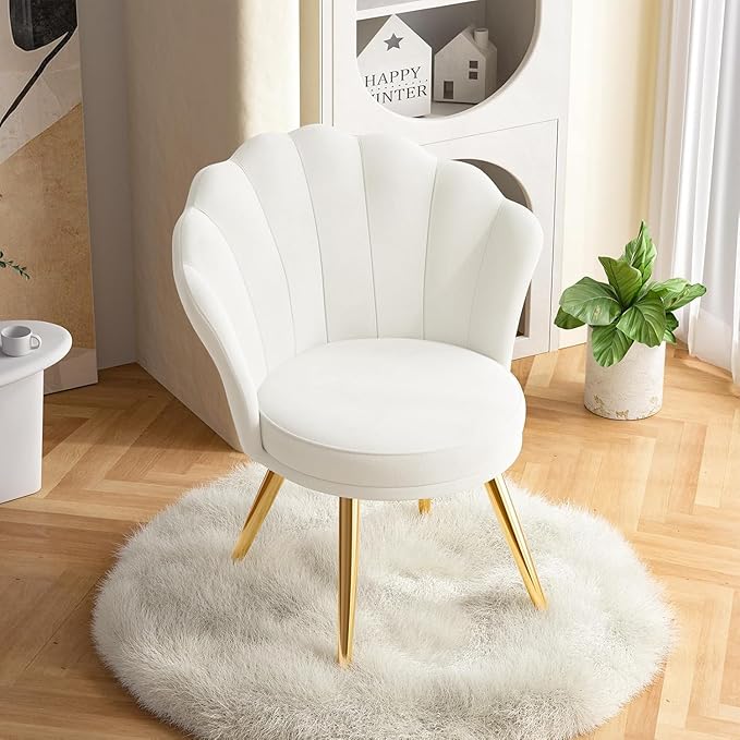 Hatchsun Velvet Accent Chair with Gold Metal Legs Shell Back Vanity Chair for Makeup Room Bedroom Living Room Beige Upholstered Guest Chair 26x31.6 Inches 260 lbs Capacity (White)