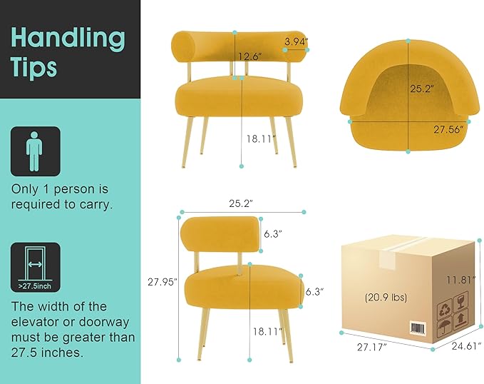 Modern Velvet Accent Chair Round Upholstered Barrel Armchair for Small Spaces Fluffy Side Corner Sofa Chair for Living Room Bedroom(Yellow)