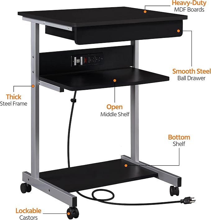 Yaheetech 22 in Laptop Computer Table Home Office Desk with Power Outlet for Small Space Mobile Compact Corner Workstation with Charging Station and USB Ports on Wheels Student Writing Table Black