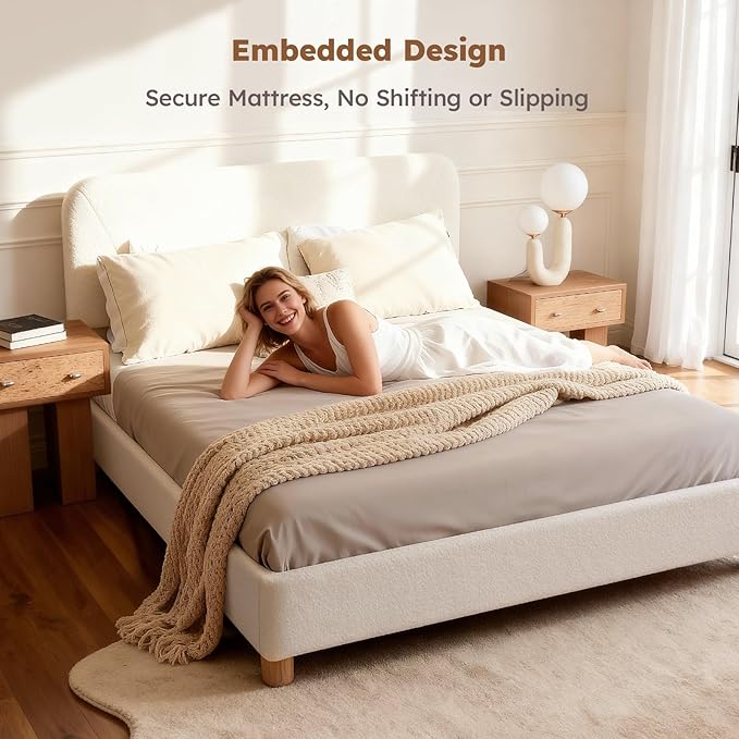 Full Size Cloud Bed Frame Upholstered Boucle Bed Frame with Adjustable Headboard Solid Wood Legs Rounded Corners Design &amp Easy Assembly – Modern Platform BedCream