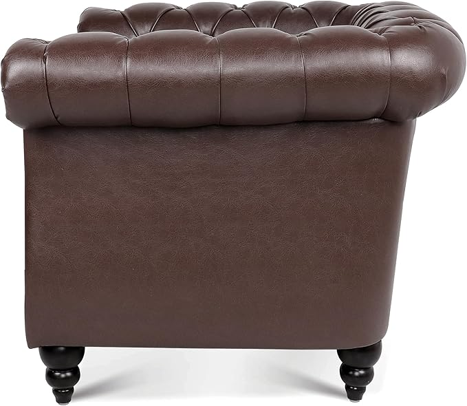Leather Chair Living Room Single Sofa Medieval Retro Tufted Cushion Accent Sofa Chair with Rolled Arms and Nailhead Cigar Chair for Bedroom Office Apartment Club Chairs (Dark Brown)