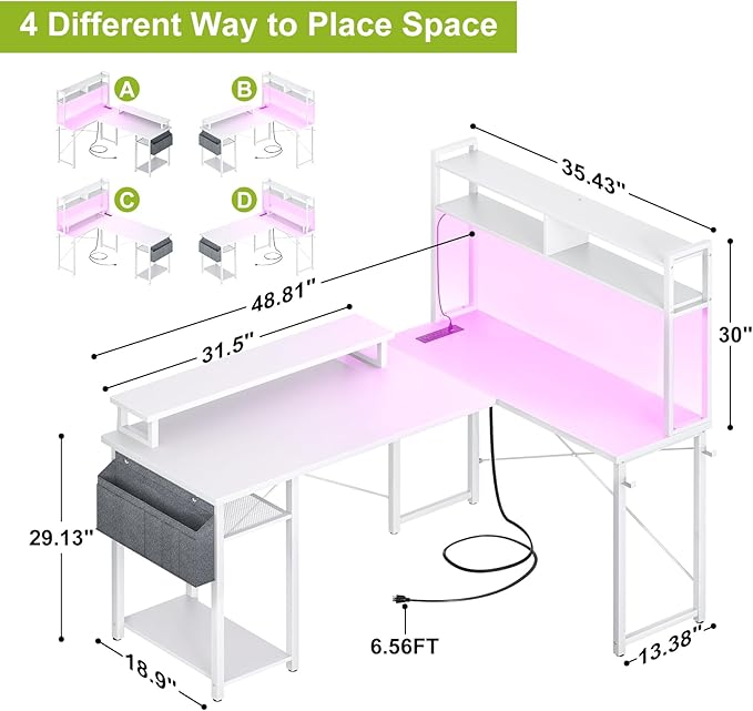 Small L Shaped Desk Gaming Desk with Power Outlets 48 Reversible L Shaped LED Computer Desk with Monitor Stand &amp Storage Shelf Corner Gamer Desk Home Office Desk with Storage Bag White