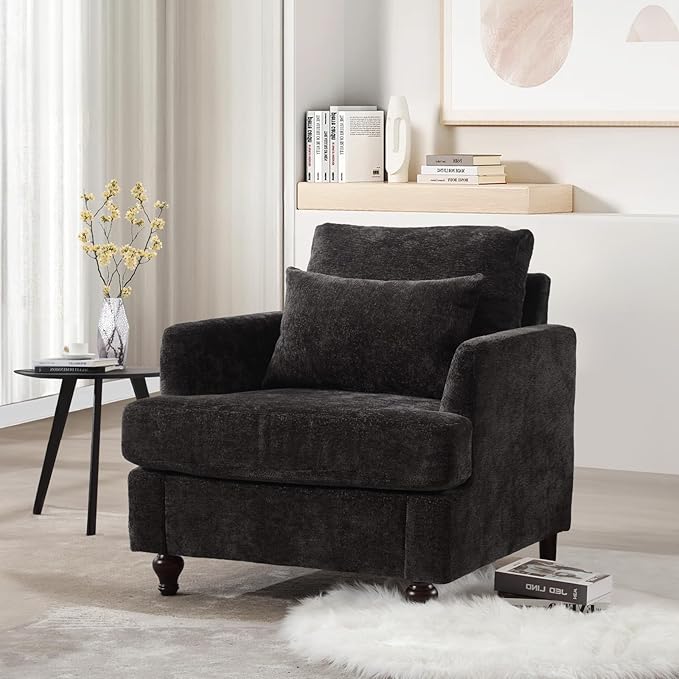 KINFFICT Modern Accent Chair for Living Room Upholstered Single Sofa Chair with Lumbar Pillow Comfy Armchair with Thickened Cushion Living Room Chairs for Bedroom Office Black Chenille