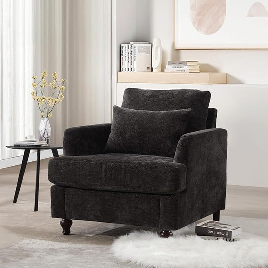 KINFFICT Modern Accent Chair for Living Room Upholstered Single Sofa Chair with Lumbar Pillow Comfy Armchair with Thickened Cushion Living Room Chairs for Bedroom Office Black Chenille
