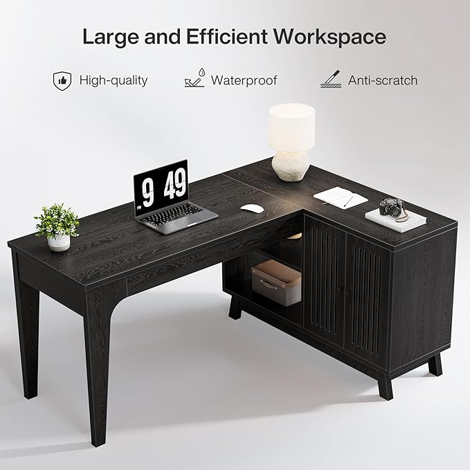Tribesigns L-Shaped Desk with Storage Cabinet 57-Inch Wood Corner Workstation Home Office Computer Desk Study Writing Table (Black)