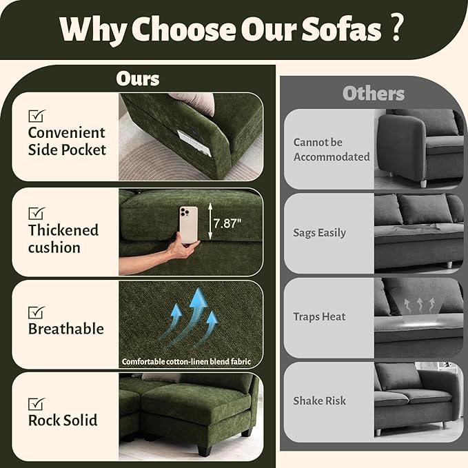 136.4 Modular Sectional Sofa U-Shaped 8 Seater Sectional Sofa with Storage Ottoman Linen L-Shaped Couch Large Cloud Couch with Cup Holders &amp USB for Living Room（Green