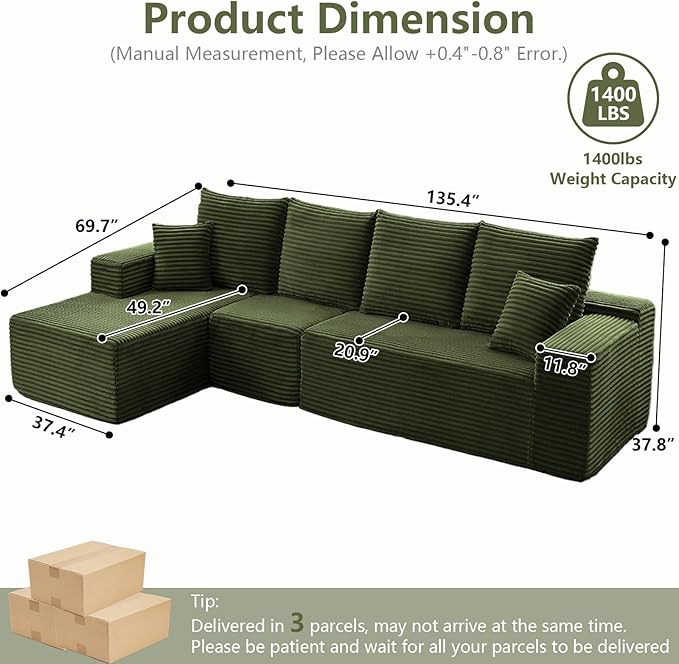 135 Cloud Sectional Couch with L-Shape Chaise Modern Modular Comfy Sofa with Deep Seat Upholstered Corduroy Couches Sleeper Chaise Longue for Living Room Bedroom No Assembly Required Green