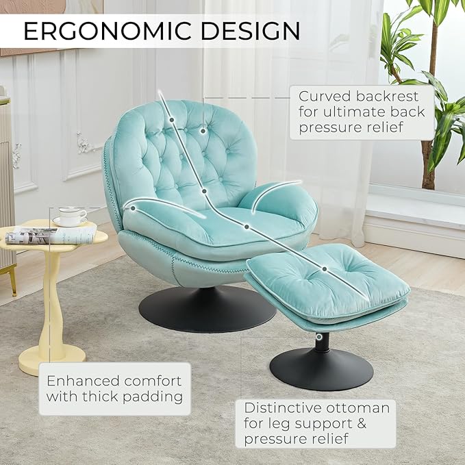 Velvet Swivel Accent Chair with Ottoman SetModern Tufted Armchair with Footrest for Living RoomReading TV Chair for AdultComfy Chaise Lounge Chairs with 360 Degree Swiveling for BedroomTeal