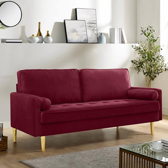 2-Seater Velvet Tufted Love Seat Couch with Bolster Pillows 67 Mid Century Modern Loveseat Sofa Golden Frosted Legs for Small Space Living Room Apartment Bedroom (Red)
