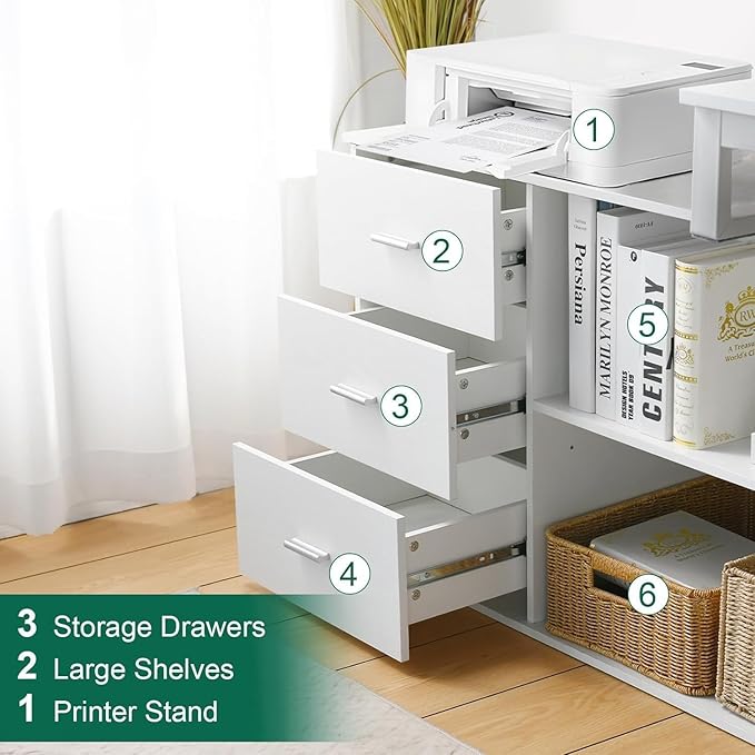 55 Inch White Desk with 3 Drawers L Shaped Desk with Storage Corner Desk with Monitor Stand and Shelves White